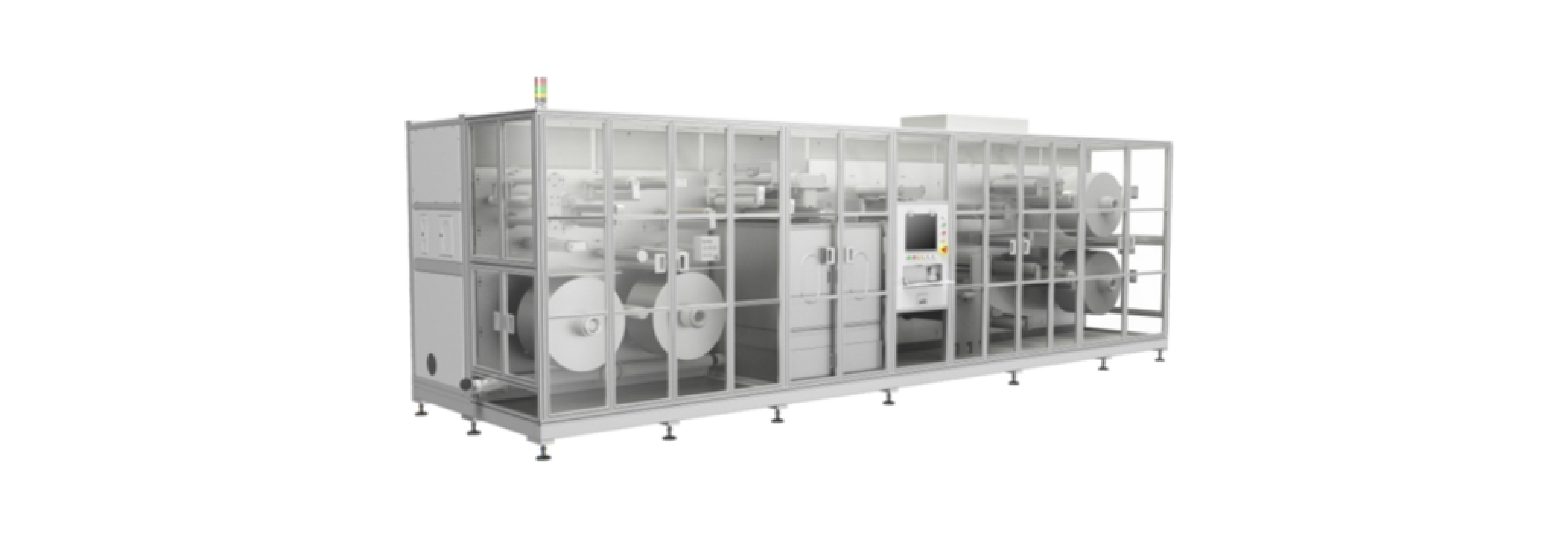 Laser tab forming machine used by GEESUN. The laser cuts the rolled & pressed electrode into boss-shaped tabs, and then uses a slitting cutter to divide the electrode in half, laser cutting speed m/min≥120m/min.